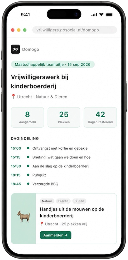 Het Go Social vrijwilligers-platform op een telefoon